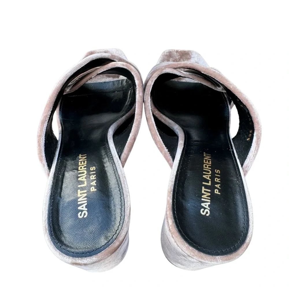 Saint Laurent Loulou Velvet Sandals Pink Crossover Strap Block Heel Mules Womens - Picture 13 of 17